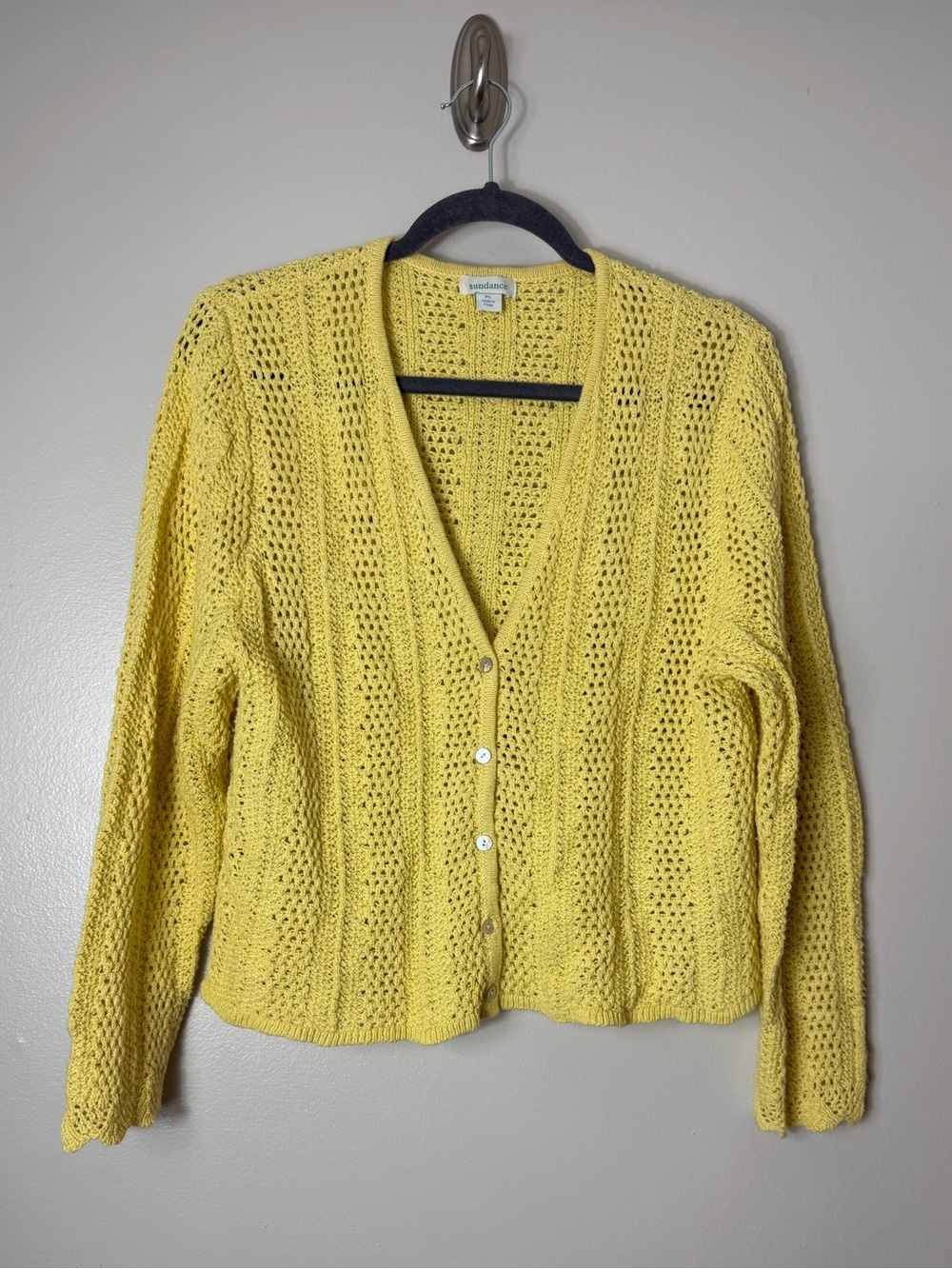 Sundance Cardigan Sweater Butter Yellow Pointelle Knit Crochet Fall Layering
